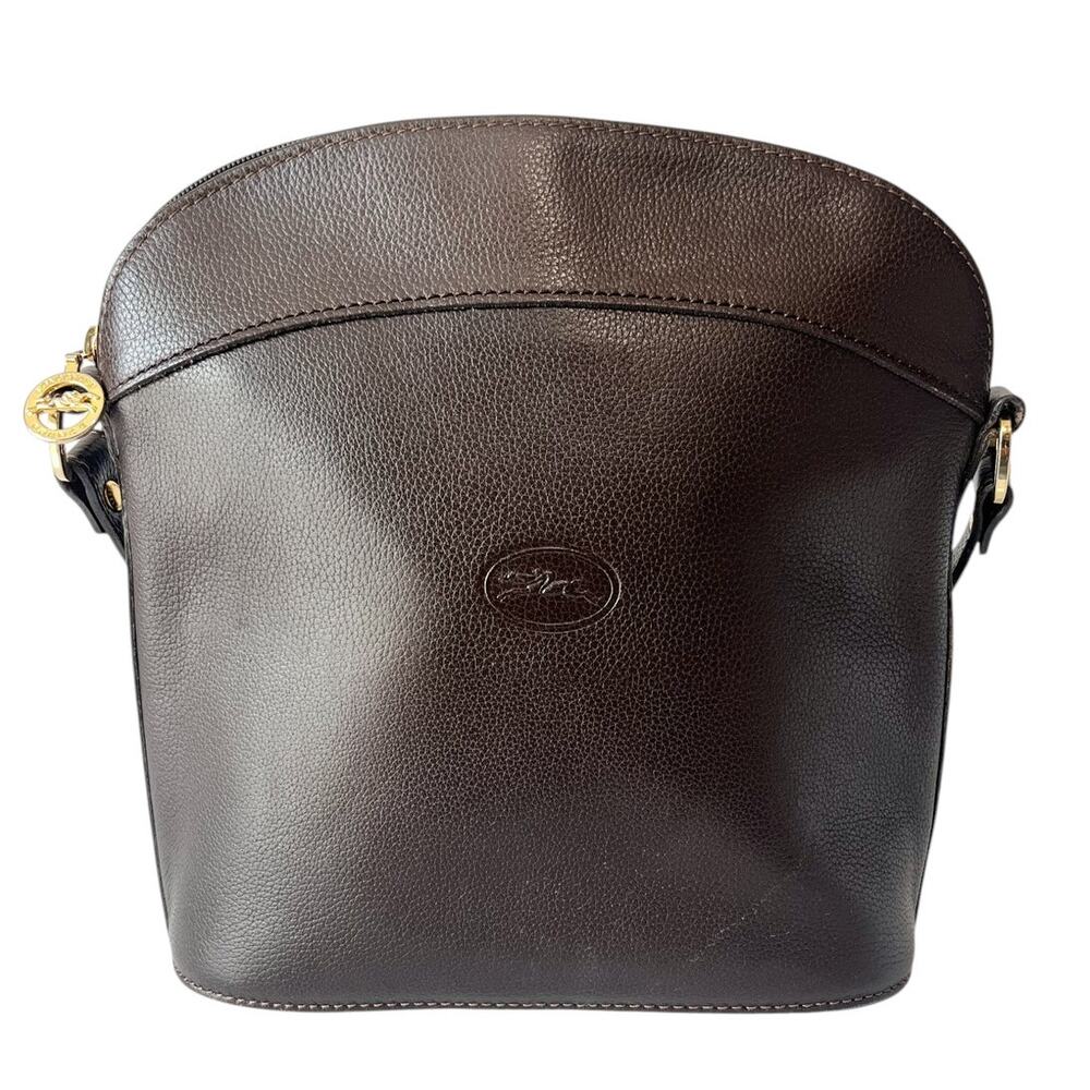 Longchamp Vintage Le Foulonne Dome Crossbody Dark Brown Leather France Y2K